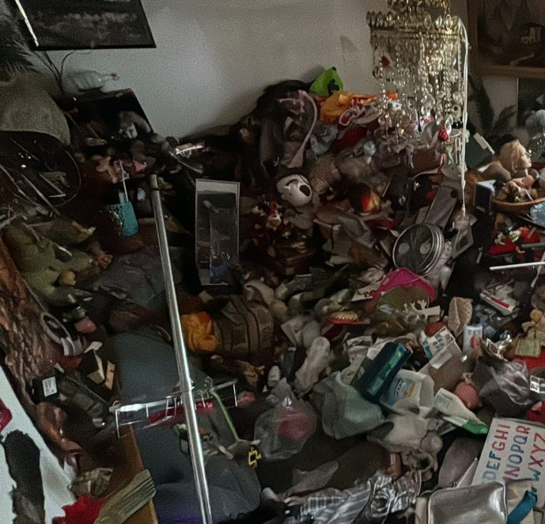 Messi Wohnung vor der Entrümpelung Überfüllter Raum mit verschiedenen Gegenständen und Müll auf dem Boden vor der Entrümpelung